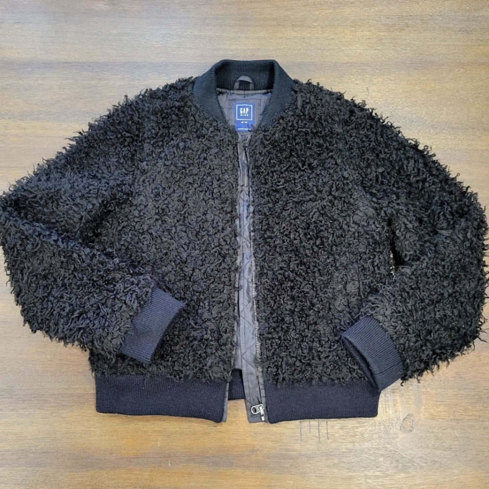 GAP kids Black Sherpa Fur Bomber Jacket